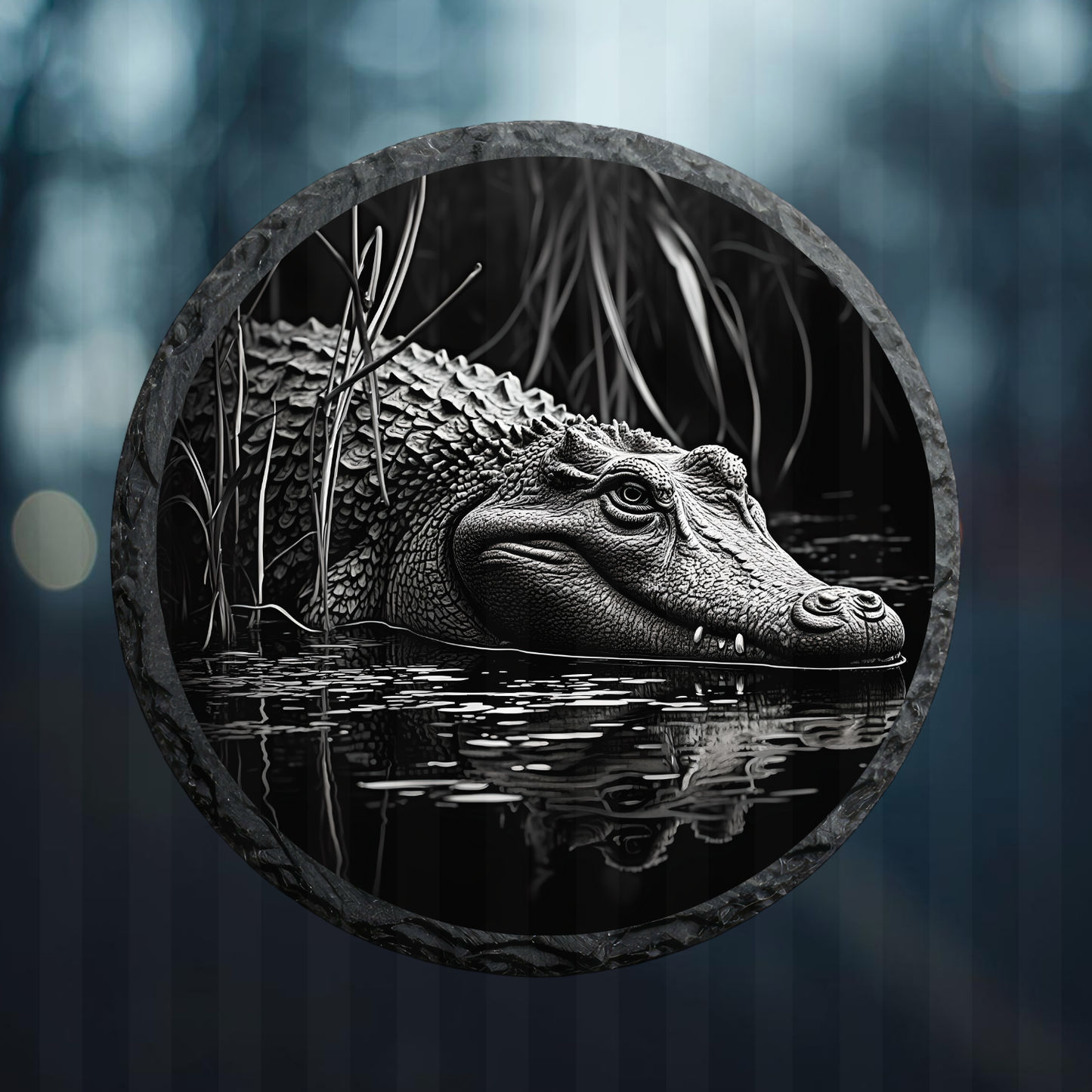 Engraved Circle Slate Alligator Facing Right Laying In Water With Bushes