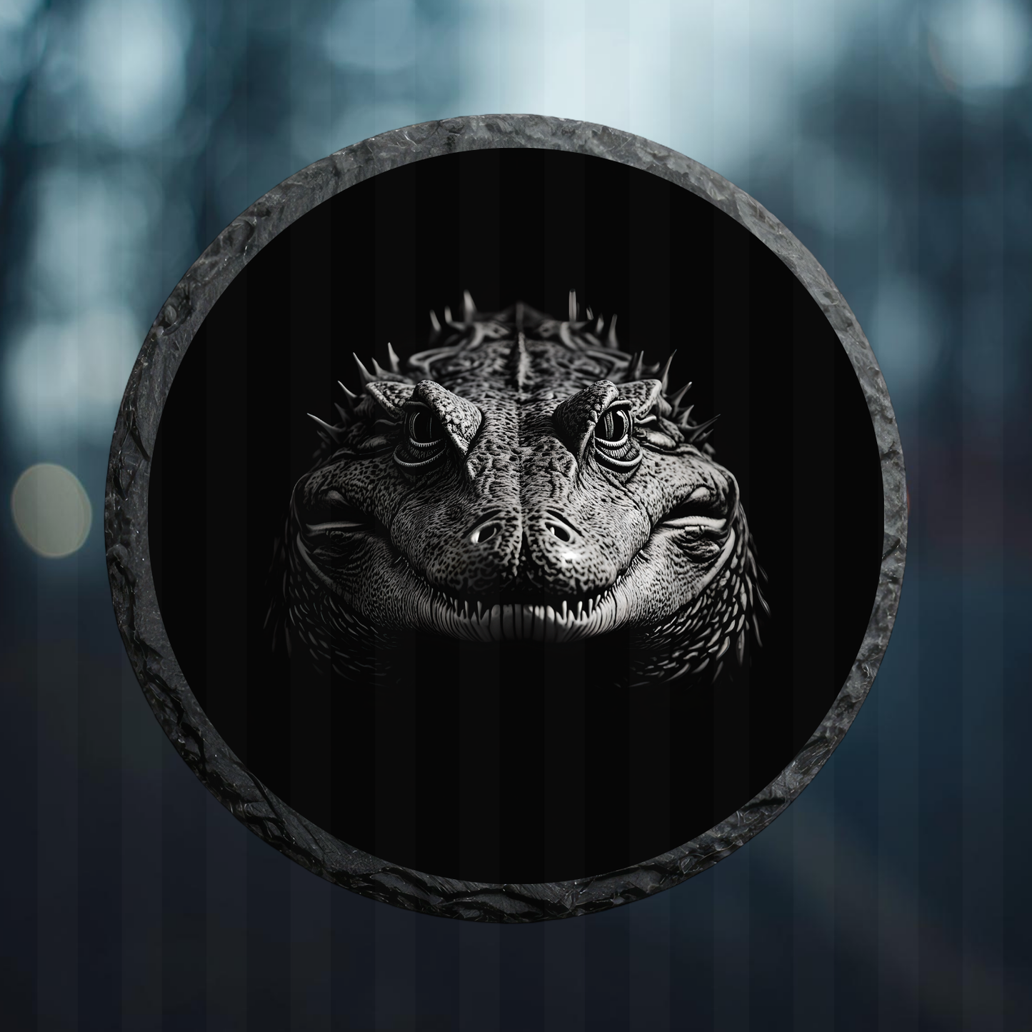 Engraved Circle Slate Alligator Head Facing You