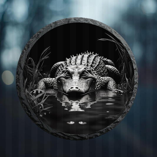 Engraved Circle Slate Alligator Facing You Laying In Water With Bushes
