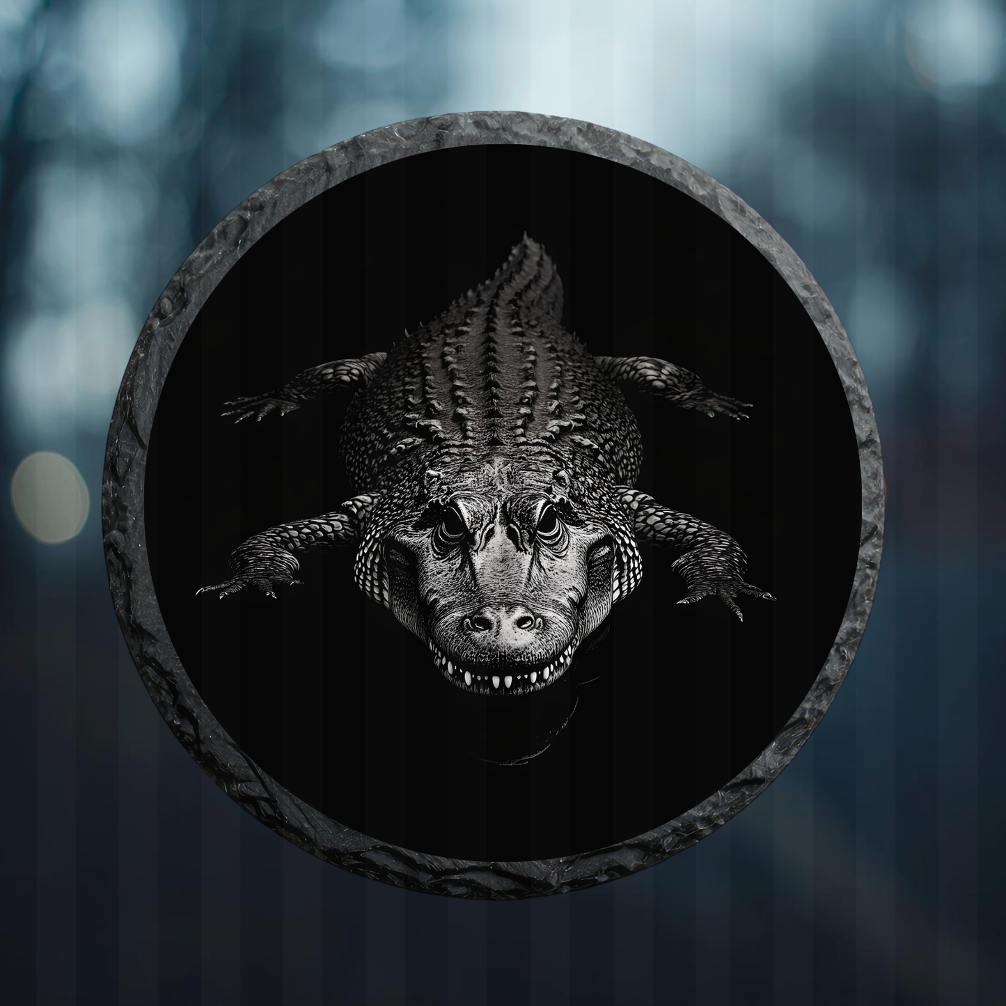 Engraved Circle Slate Alligator Full Body Facing You