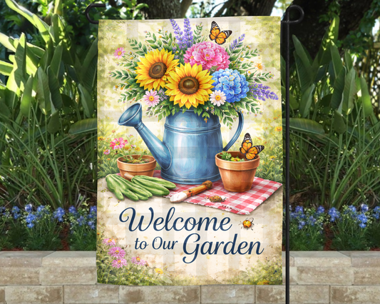 Garden Flag Spring Flowers with Watering Can