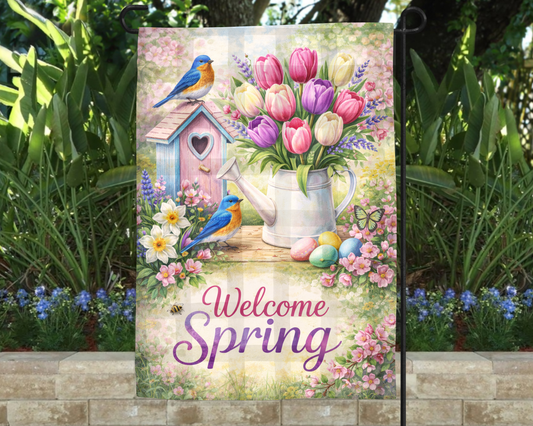 Garden Flag Spring Birds with Watering Can