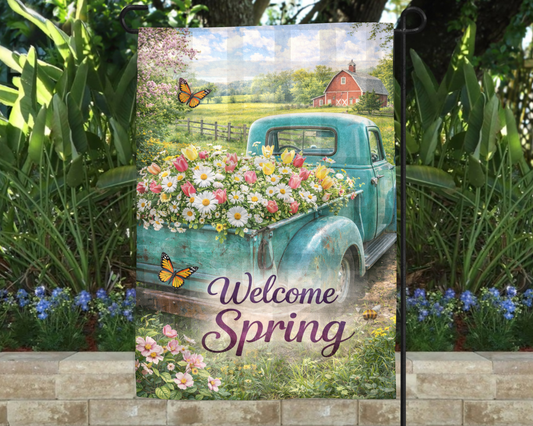 Garden Flag Spring Blue Truck with Flowers