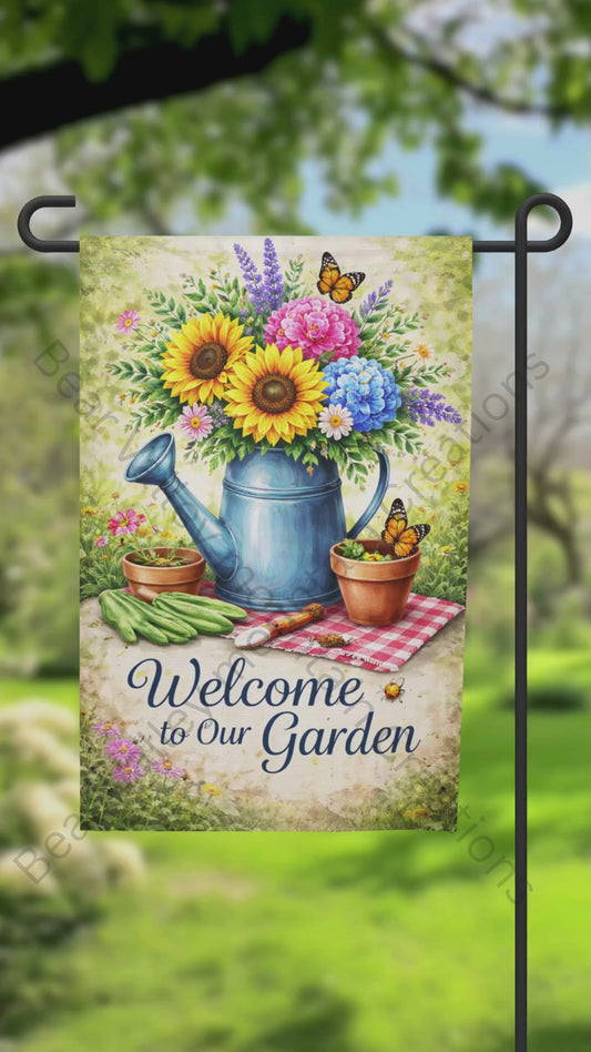 Garden Flag Spring Flowers with Watering Can